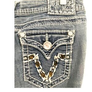 Grace In LA Studded Skinny Jeans 11/32 Blue Embellished Thick Stitch Flap Pocket